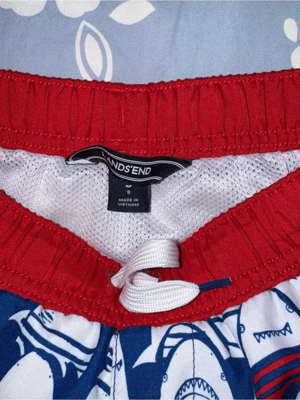 Lands' End Red Waistband Blue Shark Swim Shorts